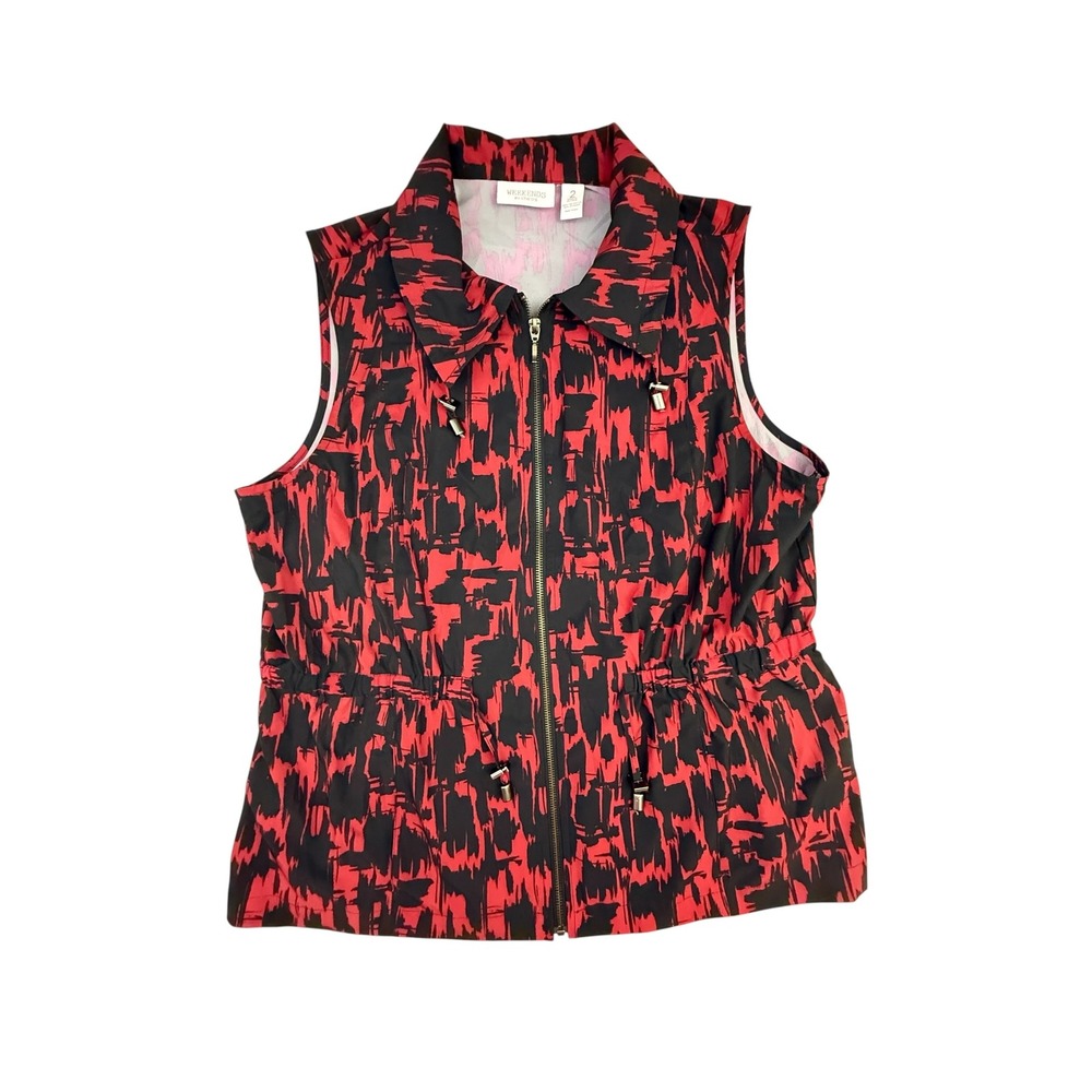 Weekends by Chico's Vest Womens 2 Red Abstract Full Zip Drawstring Waist Travel